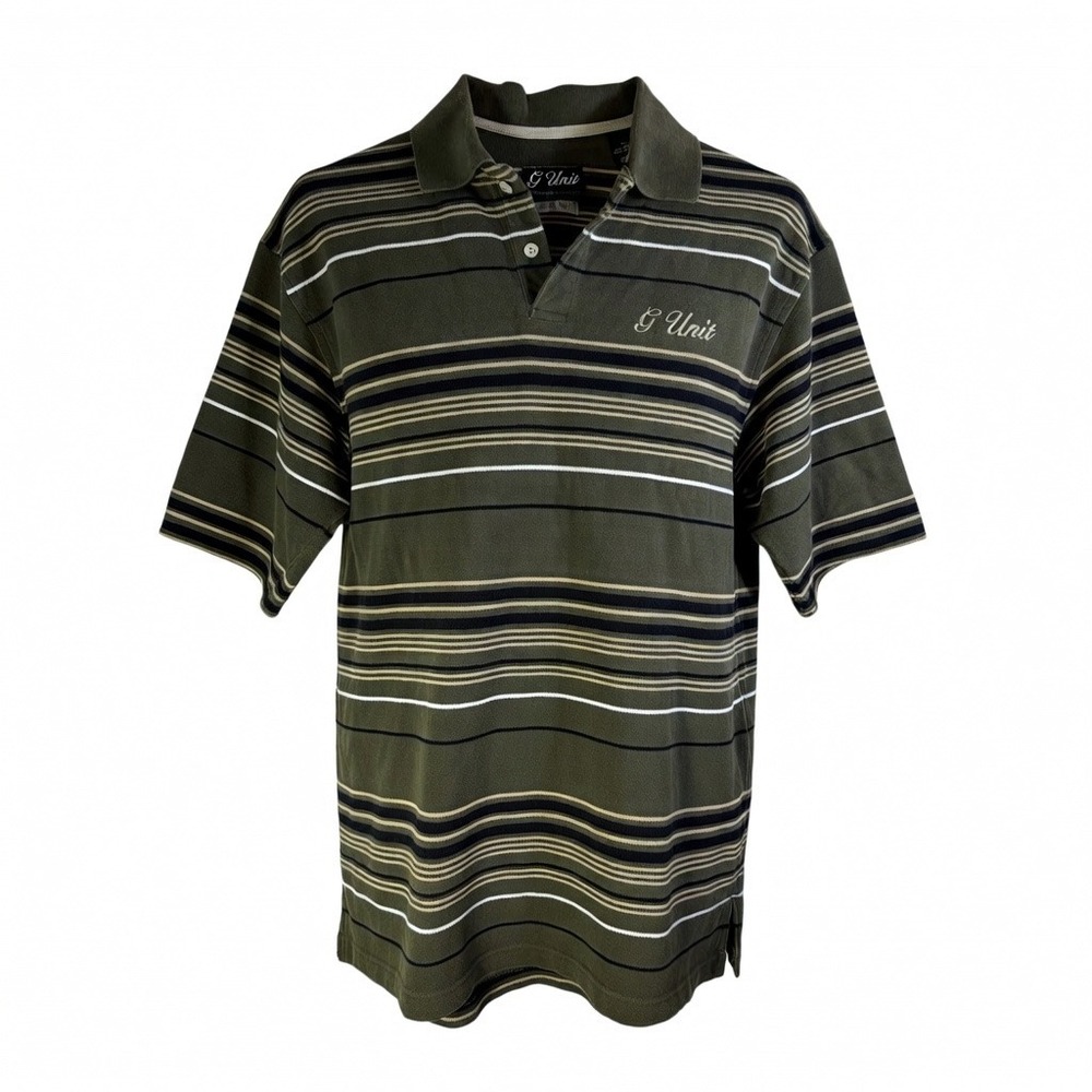G-Unit Vintage 100% Cotton Striped Polo Shirt XL Olive Green Y2K Hip Hop